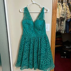 Teal V neck padded dress with leaf lace detail size 10
